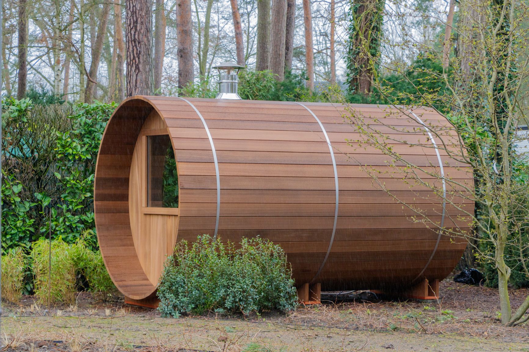 Barrel sauna 360cm met extra panoramisch raam.
